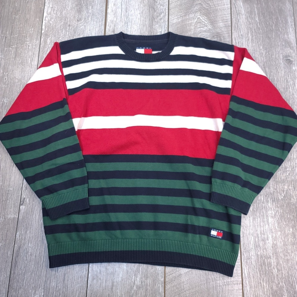 Tommy Hilfiger Mens Crew Knit Sweater Size Large Striped Pullover Vintage Retro